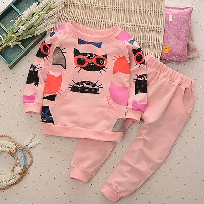 

Autumn Baby Girls Set Long Sleeve Cartoon Cat Sweatshirt TopsStriped Pants Trouser Costume Set