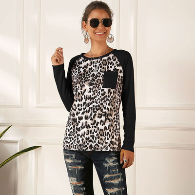 

Tailored Women Casual Leopard Print Shirt Splice Long Sleeve Pocket Blouse Loose Tops