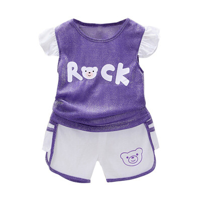 

Summer Sports Baby Girls Clothes Set Casual Cartoon Letter Pattern Flare Sleeve Tops Shorts Suits Costume Set