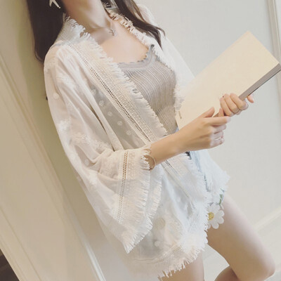 

New Fashion Sweet Edge grinding 34 Sleeve Shirt Cardigan Ladies Tops Women Chiffon White Blouse Blusas Camisas Mujer