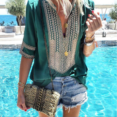 

Fashion T Shirt Women Bohemian Loose Comfortable Tshirt Summer V-Neck Half Sleeve Geometric Print Top Tee Casual Haut Femme