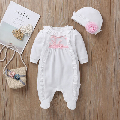 

3 Colors Autumn Newborn Baby Girls Clothes 0-9M Ruffle Design Long Sleeve Jumpsuit With Hat New