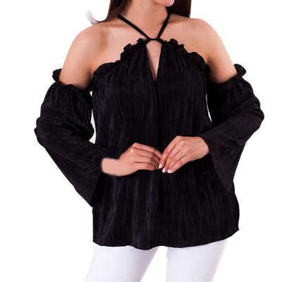 

Leaked shoulder neck hollow out women blouse long sleeve shirt halter solid sexy ladies clothing