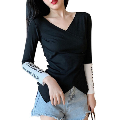 

Women Sweater V-neck Long-sleeve Patchwork Letter Fashion Autumn Knitted Female Jumper Pullover Basic Elasticity Clothing