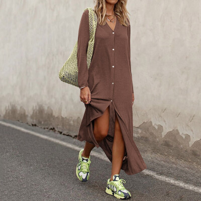 

Tailored Women Fashion V-NECK Fall Long-sleeved Shirt Button Loose Long Dress