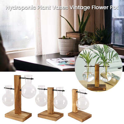 

Hydroponic Plant Vases Vintage Flower Pot Transparent Vase Wooden Frame Glass Tabletop Plants Home Bonsai Decor