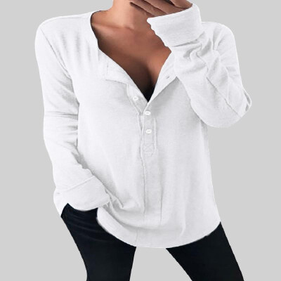 

Comfy V-neck Long Sleeves Buttons Solid Tee