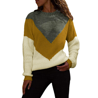 

Gobestart Women Round Neck Color Block Long Sleeve Knitted Sweater Tops Pullover Jumper