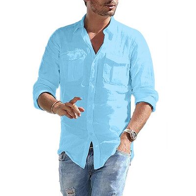 

Toponeto Mens Baggy Cotton Linen Pocket Solid Long Sleeve Retro T Shirts Tops Blouse