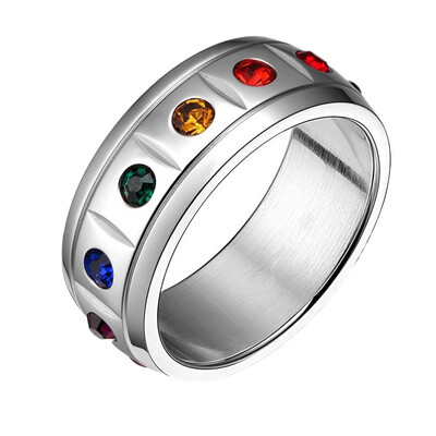 

Hot Jewelry Titanium Steel Rainbow Ring Seven Chakras Inlaid Color Diamond Adorn Male Ring Couple Ring