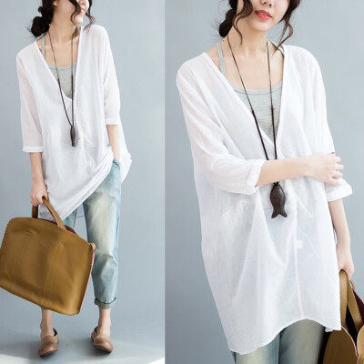 

ROPALIA Women Casual Loose Blouse Translucent Long Shirt New Summer Sun Protection Blusas Front Buttons Sling Vest Linen Shirt