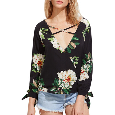 

2019 Autumn Women Fashion Clothes White Elegant V Neck Floral Print Top Long Sleeve Workwear Lady Tops And Blouses