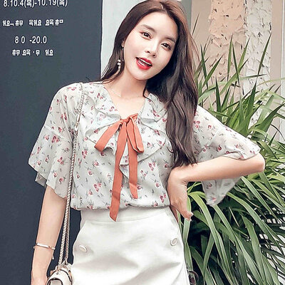 

2019 Summer Sweet Womens Blouse Floral Print Bow Decoration Loose Chiffon Shirt Fashion Commuter Style Ruffle Sleeve Blouse
