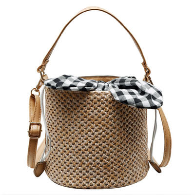 

Summer Beach Straw Bags For Women Drawstring Mini Bucket Crossbody Bags Bohemian Shoulder Messenger Bags Fashion Handbags