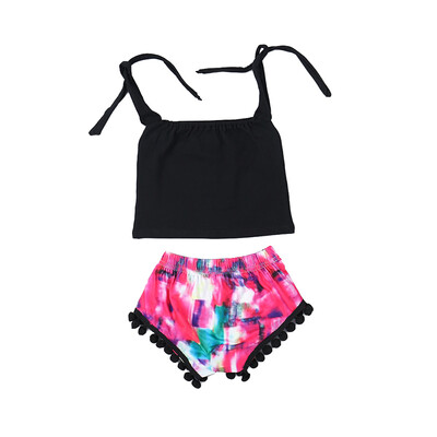 

Baby clothes set for girl in summer black one-shoulder bow tie top small hair ball shorts for 0-18M