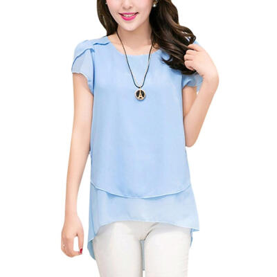 

Women Chiffon Summer T-Shirt Versatile Round Collar Loose Solid Color Short-Sleeved Casual Wild Tops