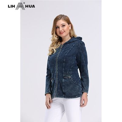 

LIH HUA Spring Womens Plus Size Casual Denim Jacket stockinet high flexibility Slim Fit Jacket Denim hoodie