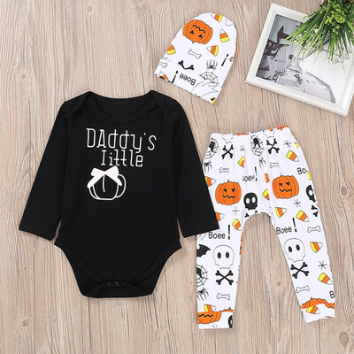 

Halloween Baby Girl ClothesSpring Autumn Casual Baby Printing Rompers And Trousers And Hat Kit Kids Three-piece Outfit Set