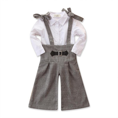 

Kids Baby Girls Fashion Overalls Long Sleeves Shirt Plaid Wide Leg Bib Two Pieces Set Autumn Leg Pants Trousers