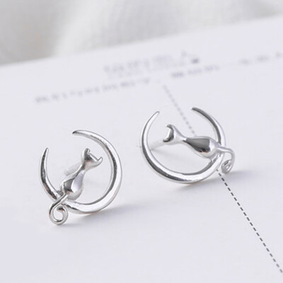 

925 Silver Cats Moon Earrings Romantic Charm Cute Elegant Women Fashion Jewelry Gifts Accessories