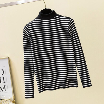 

Women Sweater Highly Stretch Stripes Ribbed High Neck Ruffle Long Sleeve Slim Autumn Winter Warm Vintage Tops
