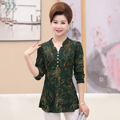 

Yu Zhaolin 2019 new middle-aged womens long-sleeved T-shirt mother loaded spring&autumn clothes shirt bottoming shirt YWMM191342 green 2XL
