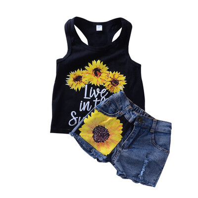 

2018 Hot Selling Child Clothes Set Summer Fashion Letter Print TopsSunflower Jeans 2pcs Suit Kid Clothing New Arrival