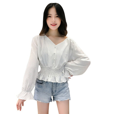

Womens Shirt Korean V-neck Ruffled Polka Dot Tighten Long Sleeve Short Blouse Female Sweet White Tops&Blouses
