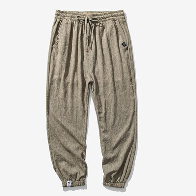 

Gobestart Fashion Men Solid Color Striped Cotton Linen Long Pants Casual Trousers