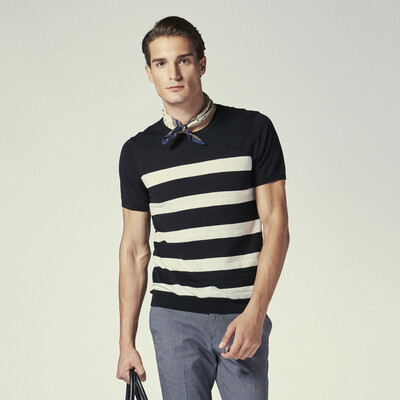 

Rimba K-boxing Knitwear Mens Short Sleeve Fashion Contrast Stripe Knitted Mens Craft Shirt TideFTTL1320 Black 170M