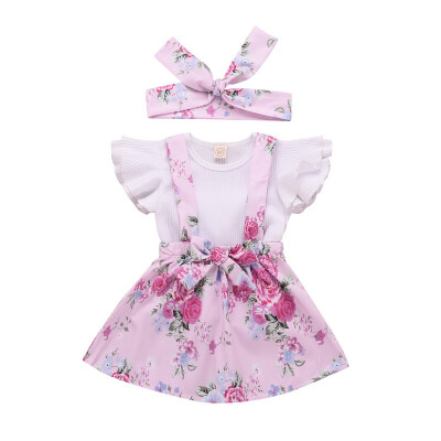 

3PCS Baby Clothing Set Printed hair band for girls baby Clothing Overalls for children print Flowers Dress For Girls Clothes