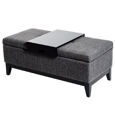 

42 Rectangular Linen Fabric Storage Ottoman Bench With Tray - Charcoal Grey