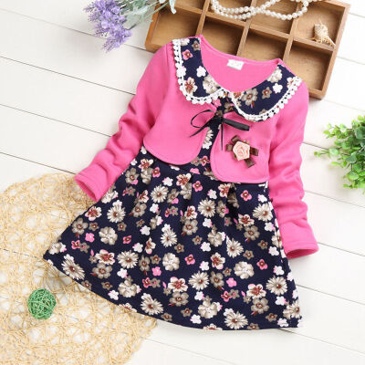 

Autumn Cute Baby Girls Dress Flower Pattern Print Long Sleeve Fake 2 Piece Dress Kids Clothes Spring