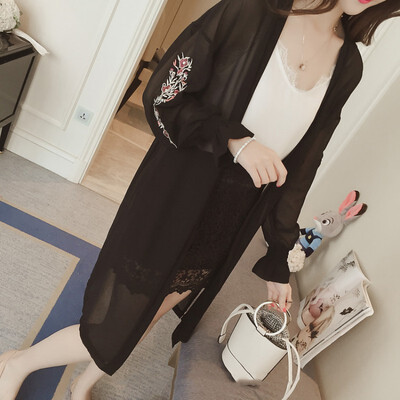 

Women Chiffon Summer Blouse Floral Embroidery Kimono Cardigan Sleeve Long Shirt Women Cardigan