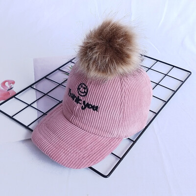 

Childrens hat autumn&winter boys baseball cap wick velvet girls cap big hair ball baby hat Korean version tide