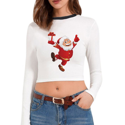 

Christmas T-shirt Santa Claus Christmas Tree Print Multiple Choices Long-Sleeve Cropped tshirt New Hot Women Clothes