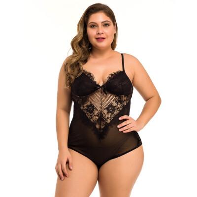 

Gobestart New One Piece Women Plus Size Mesh Lace V-Neck Teddy Lingerie Jumpsuit Underwear