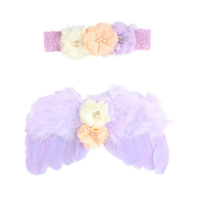 

Newborn Baby Angel Feather Wing With Lace Flower Headband Set Photo Props Outfit Costume