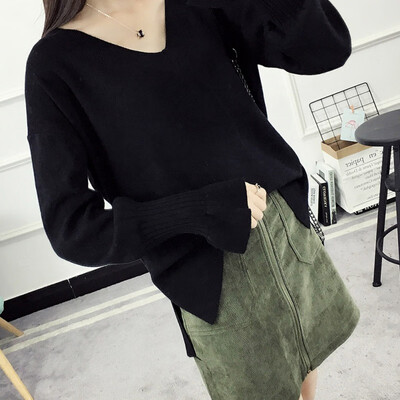 

Women Pullovers Korean Solid Color V-neck Sweater Women Loose Trumpet Flare Sleeve Sleeve Sweater Split Clothing