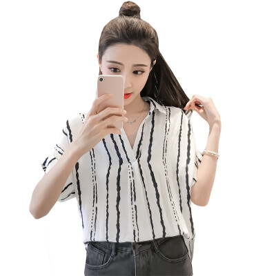 

White Navy Yellow Work Shirt V-Placket Curved High Low Office Blouse Women short Sleeve Batwing Sleeve Tops Summer Ladies Blouse