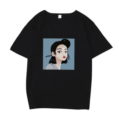 

Loose Women T-Shirt Short Sleeve Cartoon Print O-Neck Hong Kong Flavor Tops