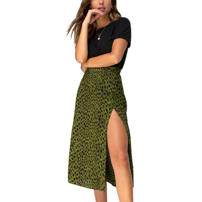 

Summer Style Pencil Skirt Summer Over The Knee Lace-Up Green Leopard Print High Waist Long Thin Split Skirt