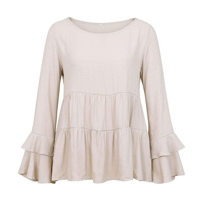 

Fashion Cotton Solid Color T-Shirts Loose Butterfly Sleeve Ruffled T-shirt Women O-Neck Pleated Patchwork T-shirt
