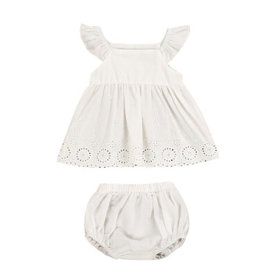 

Girls Dress Summer New Style Baby Girls Embroidered Openwork Lace Fly Sleeves SkirtShorts Sets