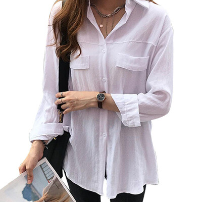

Womens Long Sleeve Button Down Pockets Solid Turn Down Collar Loose Chic Blouse Casual Office Ladies Tops Female