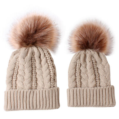 

Womens Mother Baby Matching Knitting Pom Bobble Hat Kids Winter Warm Beanie Cap