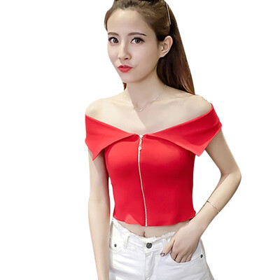 

Summer Sexy Off Shoulder T Shirt Tops For Women Casual Sleeveless Short T-shirts Korean Zipper Cropped Tops