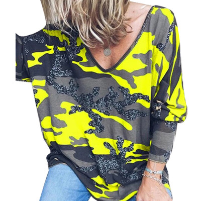 

Plus Size Autumn Women Casual Loose Camouflage Print V Neck Long Sleeve T-Shirt