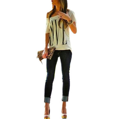 

Fashion Korean Design Women Loose Off Cotton Shoulder Tops Letter Shirt Short Sleeve Crew Neck -XL Ladies Casual Hot