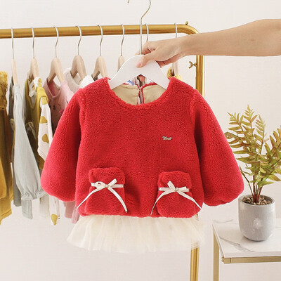 

Girls Winter Autumn Lace Round Collar Princess Casual Solid Color Plus Velvet Sweet Long Sleeve Dress